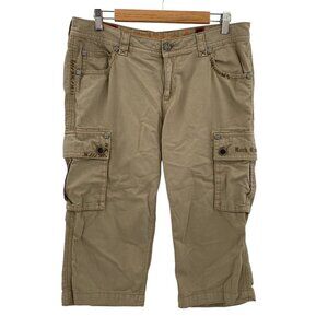 Rock Revival Flap Pocket Cargo Cropped Utility Pants 31 Khaki Embroidered